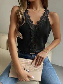 Top tank con encaje escote V - Negro - Ver 4
