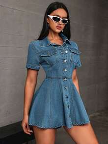 Vestido corto de mezclilla casual con botones para mujer, manga corta y cierre frontal con botones - Azul lavado oscuro - Ver 4