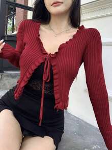 Cárdigan rojo con volantes para el Día de San Valentín de las mujeres, ropa de otoño - Rojo - Ver 7