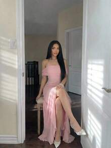 Vestido ajustado con volantes y hombros descubiertos de unicolor elegante para mujer, vestido de mujer en degradado de color rosa - Rosa - Ver 3