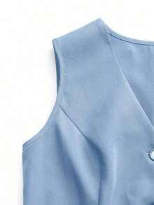 Chaleco minimalista de unicolor con cuello en V, sin mangas y con botones delanteros - Celeste - Ver 7