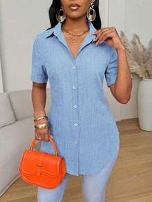 Camisa de mujer de manga corta, ajuste ceñido, con dobladillo curvo dividido, unicolor minimalista, para uso diario y casual en verano - Celeste - Ver 8