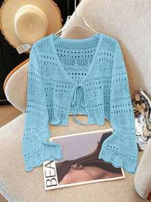 Top de punto nuevo de color sólido, cárdigan de encaje de ganchillo hueco, suéter de punto ligero y versátil para mujer. - Azul menta - Ver 5