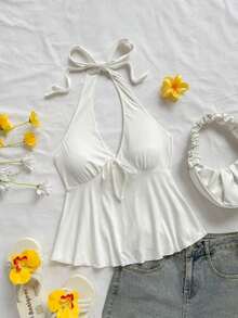 Bata escote en V con lazo y espalda descubierta informal de estilo casual para vacaciones, adecuada para el verano - Blanco - Ver 1