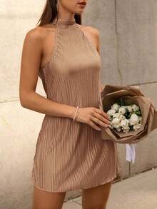 Vestido Ajustado Texturizado Con Cuello Halter Para Mujer - Albaricoque - Ver 7