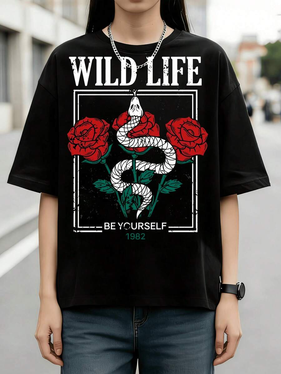 Retro Snake & Roses Wild Life Graphic Cotton Summer T-Shirt - Black - View 1