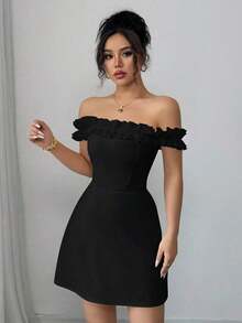 Vestido romántico con hombros descubiertos y volantes en la cintura para mujeres - Negro - Ver 4