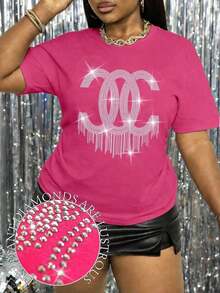 Camiseta de manga corta con eslogan y diamantes de imitación para mujer, tallas grandes - Rosa Fucsia - Ver 1