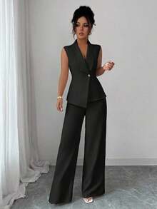 Conjunto de oficina elegante para mujer, compuesto por una chaqueta blazer sin mangas con cuello y bajo asimétrico, con hebilla metálica en la cintura, combinada con pantalones de cintura elástica.Conjunto de 2 piezas elegante para primavera/verano, atuendo formal y de clase para mujer. - Negro - Ver 4