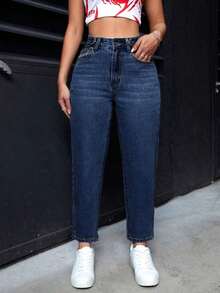 Pantalones vaqueros informales de mujer con bolsillos de forma cónica y multiusos - Azul lavado oscuro - Ver 6