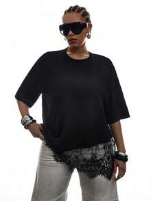 Camiseta holgada de encaje con dobladillo asimétrico a rayas para mujer de talla grande - Negro - Ver 3