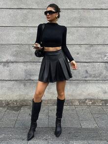 Falda pantalón plisada de unicolor para mujer con estilo informal universitario - Negro 3 - Ver 3