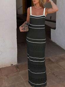 Vestido de punto ajustado sin mangas con rayas negras y beige elegante y minimalista para mujer, vestido de ganchillo ajustado casual con recortes, para primavera/verano/otoño - Blanco y Negro - Ver 6