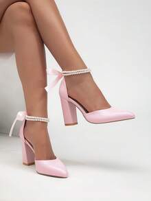 Sepatu Hak Tinggi Wanita Terbaru, Elegan, Seksi, Cocok untuk Pernikahan, Kencan, Pesta, Rantai Mutiara, Pita, Warna Solid, Ujung Lancip, Hak Tebal - Berwarna merah muda - View 4