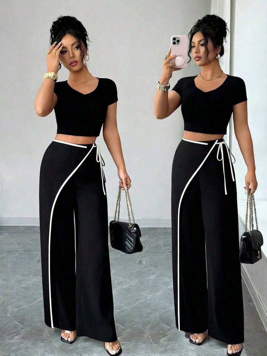 Elenzya Pantalones anchos de traje de color block elegante color albaricoque para mujeres - Negro - Ver 1