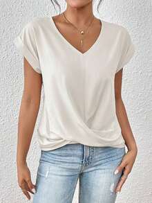 Frenchy Blusa Solida Con Mangas De Plumaje Y Tuerza En La Manga, Ideal Para La Primavera - Blanco - Ver 3
