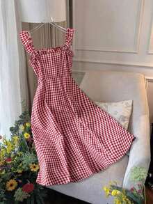 Vestido casual de verano entallado con tirantes finos y corte en A hasta la pantorrilla, en tela a cuadros rojos, para primavera/verano - Rojo y blanco - Ver 6