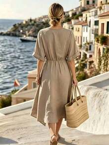 Holidaya Vestido midi con cuello en V y cintura anudada - Ideal para uso casual, playa, vacaciones y uso diario, vestido azul bohemio con bajo asimétrico |   Vestido esencial de verano para vacaciones de mujer, vestido envolvente ligero, elegante y casual |   Vestido de manga corta con cuello en V, perfecto para viajes y fiestas - Azul - Ver 9