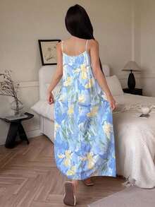 Vestido largo y ligero con estampado floral para mujeres, estilo de pijama para vacaciones, vestido de noche tipo muu muu - Morado 2 - Ver 5