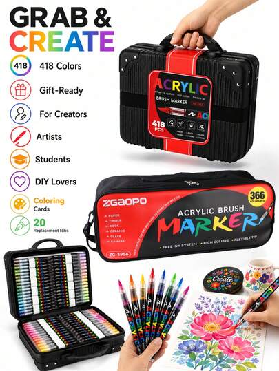 12/24/36/48/72/120/168/240/288/366/418 Colors Professional Acrylic Paint Markers, Vibrant Hues, New Free-Flowing Ink System With Soft Nibs, High Color Coverage For Black Paper, Smooth Writing, Suitable For DIY Coloring, Glass & Stone Painting. Packaged In Box, Fabric Storage Bag & Carrying Case, Convenient For Storage And Portability, Handheld Or Shoulder Strap.