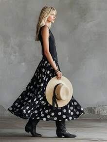 Sleeveless Chiffon Maxi Dress With V-Neck, Polka Dot Print, Buttons And A-Line Cut For Women, Casual Bohemian Style, With Flared Hem. - 黑色 - 查看 5