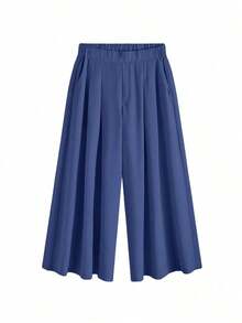 Pantalones/faldas cortas plisadas de cintura elástica, cómodos y sueltos, de estilo básico y versátil, para uso diario, que estilizan la figura, en color albaricoque, para mujeres de talla grande, para primavera/verano - Azul - Ver 10