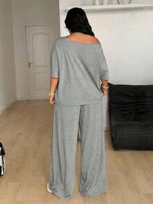 Conjunto de dos piezas de camiseta hombros descubiertos y pantalón ancho de chándal para mujer talla grande, minimalista, ropa de calle, uso diario, salir, deporte, cómodo - Gris - Ver 7