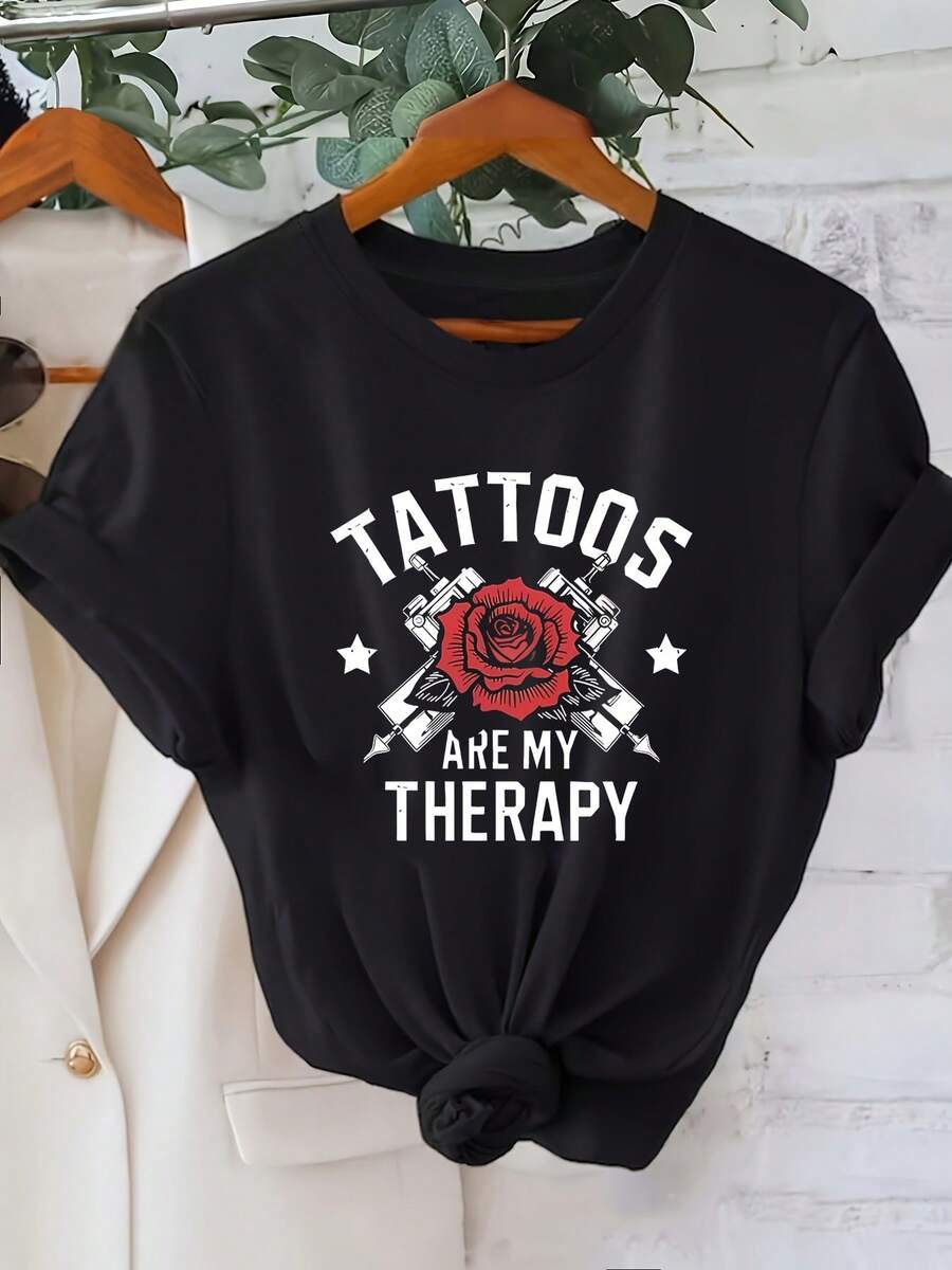 Graphic Print T-Shirt "Mexican Tattoos Are My Relaxation", Short Sleeve, Round Neck, Casual Top For Summer And Spring, Women's Clothing, Fashionable Summer Cotton T-Shirt - 黑色 - 查看 1