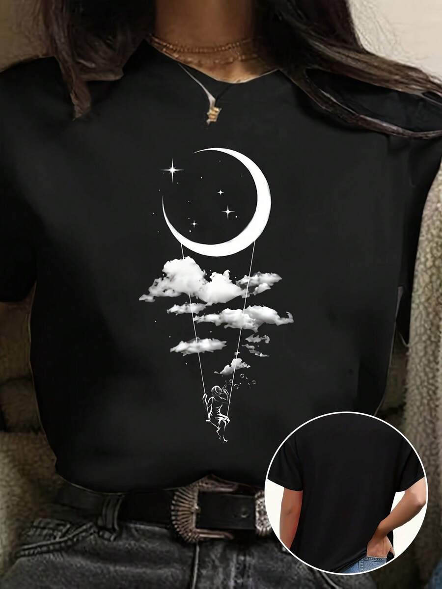 Camiseta Moon para mujer con estampado de patrón de dibujos animados - Negro - Ver 1