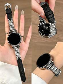 18mm/20mm/22mm Women's Rhinestone Embellished Metallic Textured Leather Watch Band - Compatible With Huawei, , , Galaxy Watch 7/6/5/4 40mm/44mm, Galaxy Watch 5 Pro, Galaxy Active 2, Watch 6/4, GT6/GT5/GT4/GT3/GT2 Pro - Comfortable Unisex Design - Black - View 1