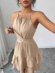 Vestido mini ajustado y acampanado sin mangas, elegante, de color caqui, con lazo de cuentas, para primavera/verano de mujer - Albaricoque - Ver 6