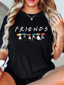 Women's 'FRIENDS' Graphic Crew Neck T-Shirt - Colorful Umbrella & Bold Letter Print, Casual Short Sleeve Medium Stretch Top, Machine Washable All-Season T-Shirt, Everyday Wear, Fun Shirt, Comfortable Fit - 黑色 - 查看 6