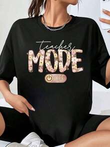 Camiseta Oversize con Estampado Floral GraphicTeacher Mode Off para Mujer, Corte Holgado Casual, Top de Moda de Verano, Idea de Regalo para Maestras - Negro - Ver 7