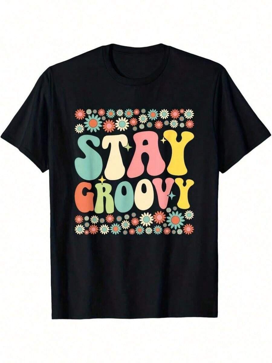 1 Piece Stay Groovy Retro 70s Flower Power Style T-Shirt, For All Seasons, Cotton, With One-Sided Print, Round Neck And Short Sleeves, 180g, 100% Cotton, Designs Are Printed. Unisex. - 黑色 25 - 查看 1
