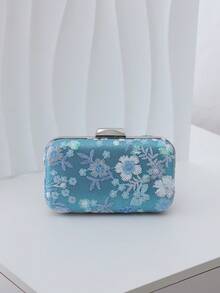Bolsos de mano y bolsos de noche para mujer, bolso de embrague de cáscara dura con bordado floral y patrón de lentejuelas, tela de satén con cierre de marco de metal, bolso elegante y compacto de estilo vintage para mujeres para bodas, fiestas y eventos formales - Azul - Ver 10