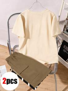 2pcs/Set Tween Boy Crew Neck Short Sleeve T-Shirt With Simple Floral Print And Casual Simple Khaki Shorts, Summer New Arrival - Apricot - View 3