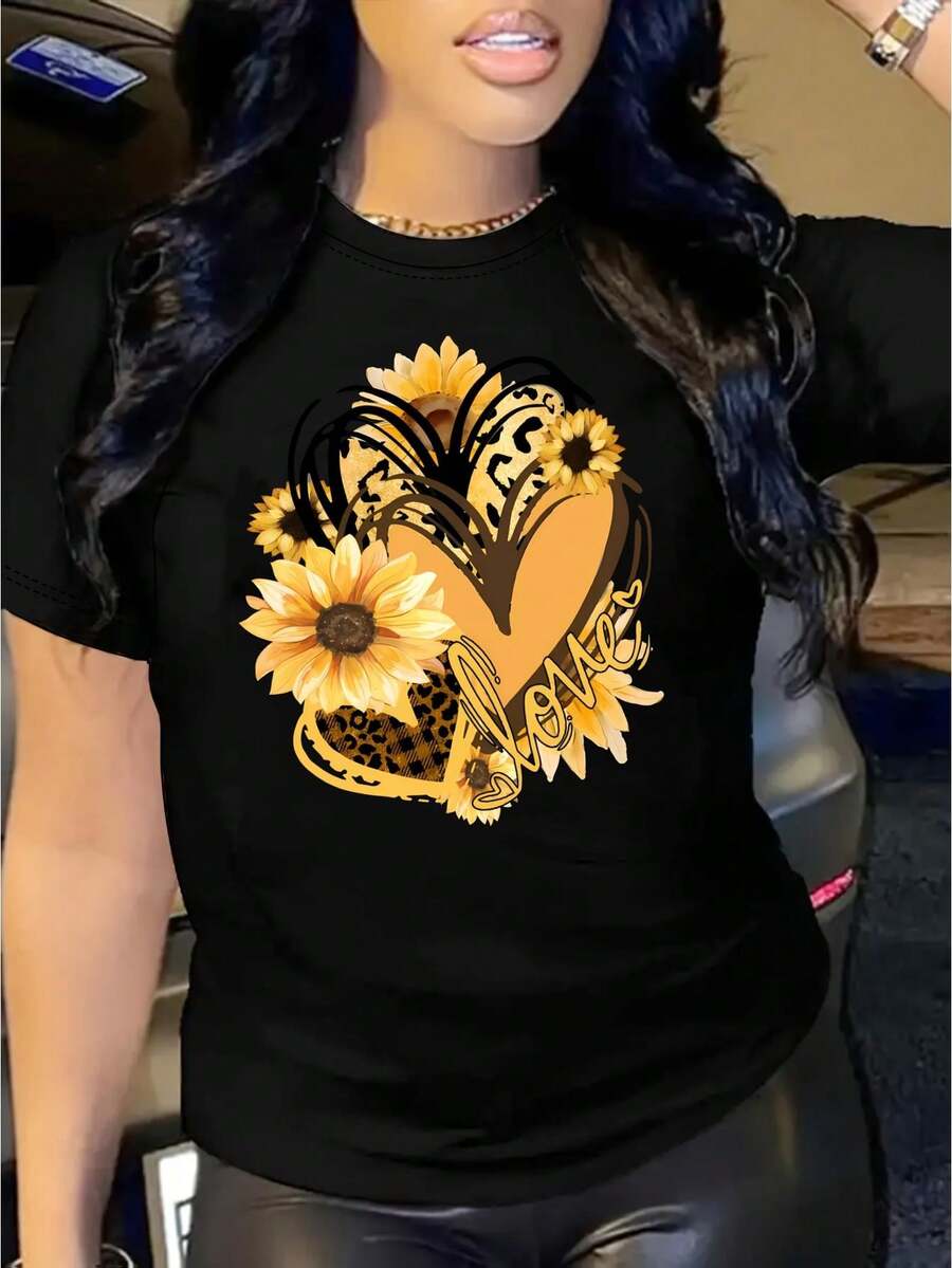 Chic Sunflower Heart Pattern T-Shirt For Women - Casual Crew Neck, Short Sleeve Top, Stretch Fit - Perfect For Spring & Summer - Black - View 1