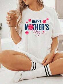 [S-7XL] Nueva Camiseta de Algodón para Mujer para el Día de la Madre |         Impresión "Feliz Día de la Madre" con Flores Rosadas, Diseño Festivo y Dulce |         Camiseta Casual de Cuello Redondo, Ideal como Regalo para Mamás, Lavable a Máquina.El mejor regalo para mamá en el Día de la Madre. Conjuntos de verano para mujer. Camiseta de mujer. - Blanco - Ver 6