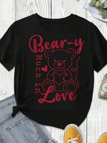 Camiseta de talla grande con estampado de oso de peluche con corazón para el Día de San Valentín y ocasiones románticas, estilo vintage urbano, unisex, de algodón, manga corta, cuello redondo, blusas para mujer. blusas.blusas casuales para dama.Impresión de osos cariñosos.Camiseta estampada Impresión de osos cariñosos. - Negro - Ver 3
