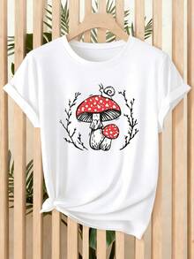 Ropa de verano ligera de una sola pieza para mujer, de corte holgado, camiseta roja con estampado de setas y caracoles, adecuada para paseos en la naturaleza, ropa elegante para mujer, estilo: cuello redondo, manga corta, corte holgado, un regalo para usted misma/familia/pareja/amigos, casual y a la moda, diseño divertido, atuendo diario informal. - Blanco - Ver 1