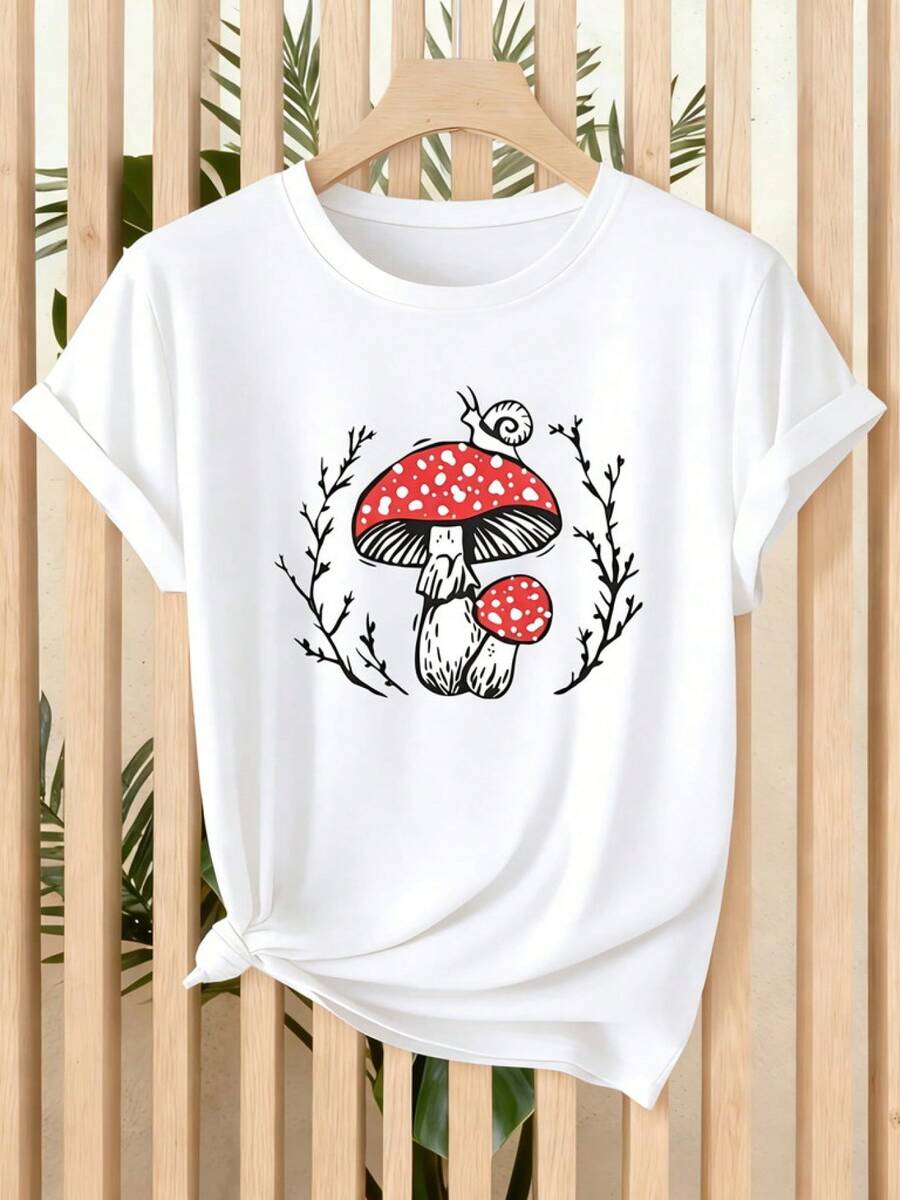 Ropa de verano ligera de una sola pieza para mujer, de corte holgado, camiseta roja con estampado de setas y caracoles, adecuada para paseos en la naturaleza, ropa elegante para mujer, estilo: cuello redondo, manga corta, corte holgado, un regalo para usted misma/familia/pareja/amigos, casual y a la moda, diseño divertido, atuendo diario informal. - Blanco - Ver 1