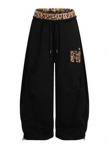 Pantalones Deportivos Mujer Otoño 2026 Retro Americano, Peludo Estampado Leopardo con Bordado Combinado, Corte Curvo Pierna Ancha Holgados para Baile Jazz - Negro - Ver 1