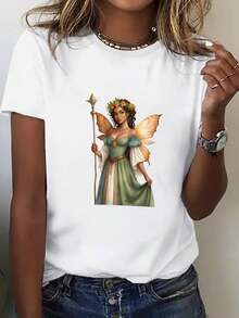 Camiseta de algodón 100% para mujer de talla grande, estilo bohemio holgado - estampado de hadas verdes y flores, suave y transpirable, de cuello redondo y manga corta, adecuada para uso casual y formal en primavera y verano, camiseta negra lavable a máquina. - Blanco - Ver 1