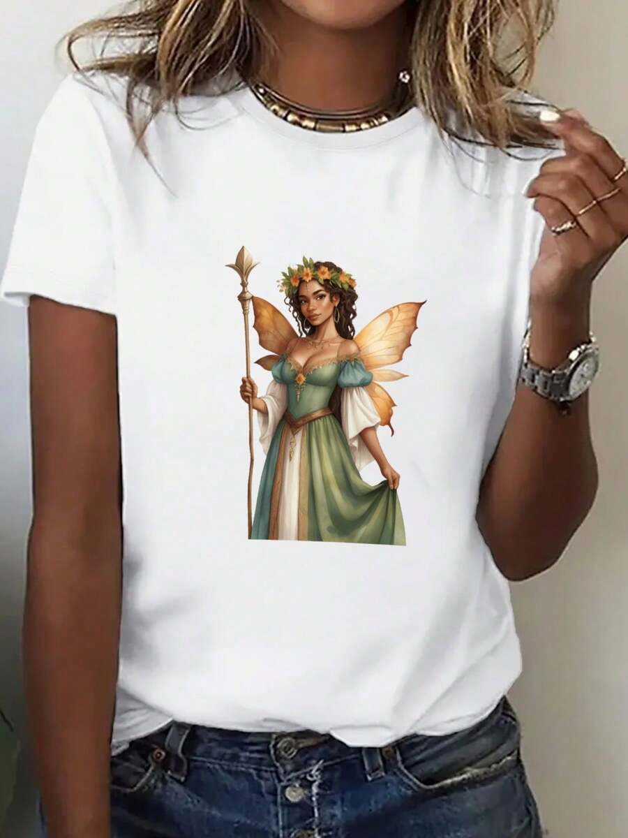Camiseta de algodón 100% para mujer de talla grande, estilo bohemio holgado - estampado de hadas verdes y flores, suave y transpirable, de cuello redondo y manga corta, adecuada para uso casual y formal en primavera y verano, camiseta negra lavable a máquina. - Blanco - Ver 1