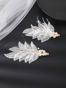 2pcs Handmade Braided Faux Pearl Hair Clips, Elegant Bridal Wedding Accessories,Hair Barrettes,Hair Claws - White - View 5