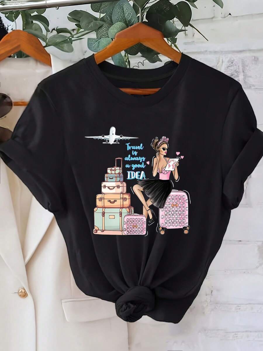1 Women's Y2K Retro Style T-Shirt With Airplane And Suitcase Print - Soft, Stretchy, Opaque, Crew Neck, Retro Airplane Print, Machine Washable, Ideal For Holidays, Casual Style, Short Sleeve, 180g 100% Cotton. - 黑色 - 查看 1