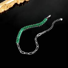 MDFUN 18K White Gold Plated Bracelet, Baguette Cut CZ Half Tennis Half Paperclip Chain Adjustable Bracelet, Multicolor Elegant Jewelry For Women - Green - View 4