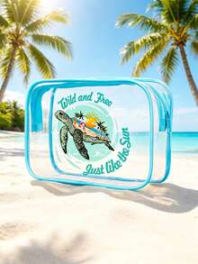 Clear Pvc Travel Toiletry Bag With Blue Trim, "Wild And Free Just Like The Sun" Sea Turtle Print Cosmetic Pouch, Makeup Organizer For Beach & Vacation, Waterproof Zipper Pouch For Toiletries, Sunscreen, And Travel Essentials, Lightweight, Durable, And Quick-Drying, Perfect For Beach Trips, Pool Days, Air Travel - Multicolor - View 1