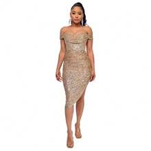 Women's Champagne-Colored Sequined Dress, Off-Shoulder Draped Design, Asymmetrical Side Slit, Stretchy Shiny Fabric Ideal For Summer Parties, Weddings As A Guest And Elegant Outdoor Dinners, Sexy Glamorous Style Perfect For Celebrations And Formal Events - 香檳色 - 查看 5