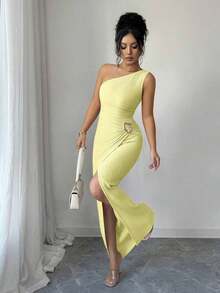 Nuevo vestido maxi de mujer de unicolor y sexy con hombro asimétrico, retorcido y fruncido, con cuello asimétrico, textura de punto y estilo ajustado, con diseño retorcido y con abertura, atuendo elegante para mujer, vestido para fiesta de primavera/verano, vacaciones, San Valentín - Marrón - Ver 11